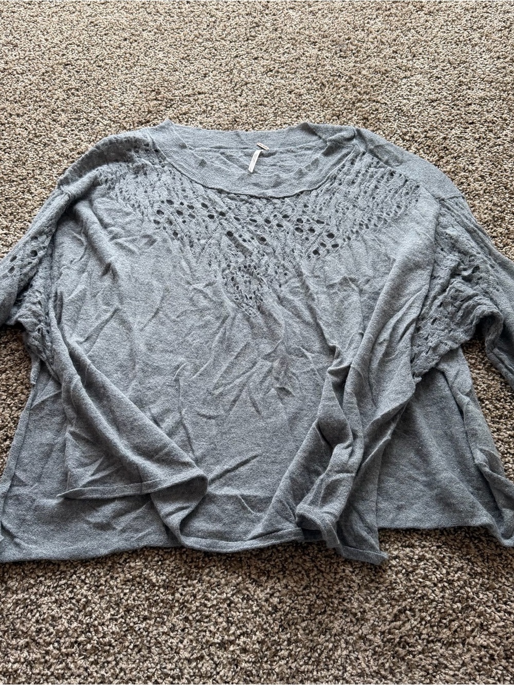Free People Gray Openwork Knit Pullover